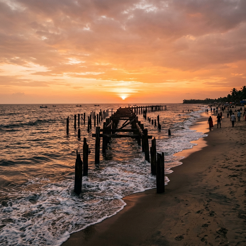 Sandy shores of Alappuzha beach at sunset