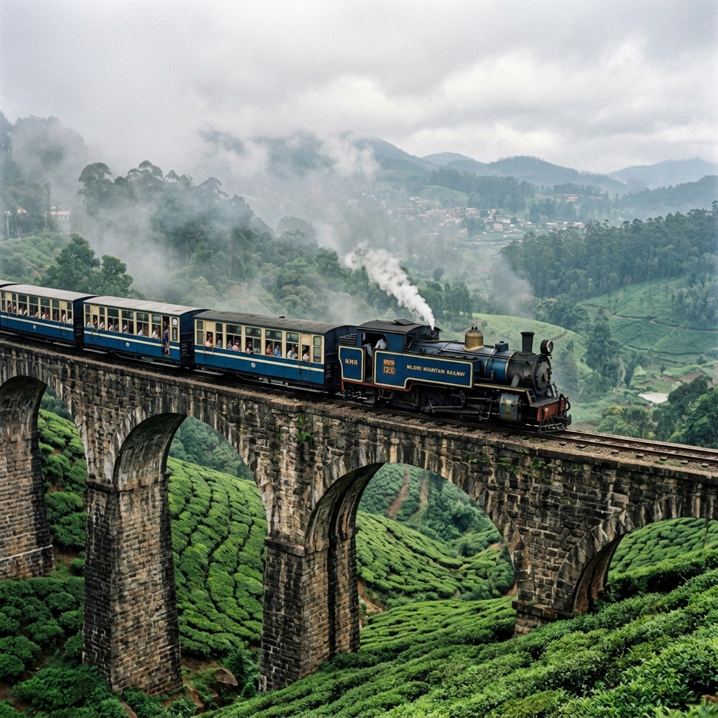 Blue Nilgiri toy train crossing a bridge