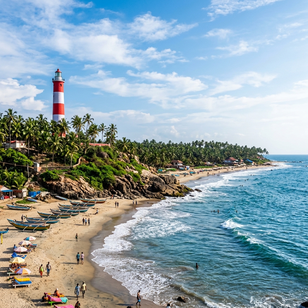 Scenic Kovalam beach lighthouse